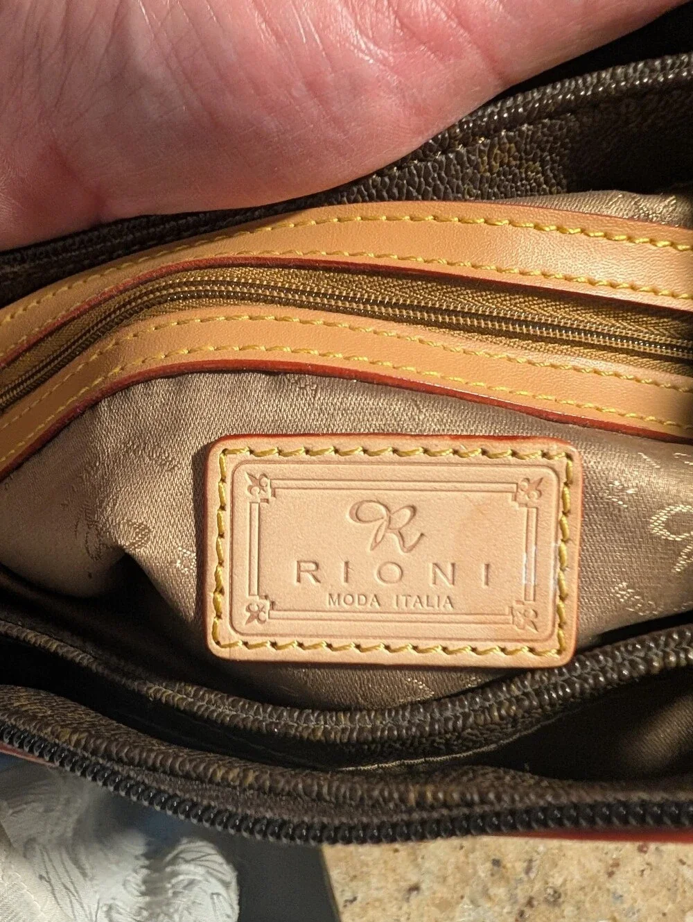 Rioni Signature Brown Monogram Messenger Bag Leather Accents Italian Crossbody